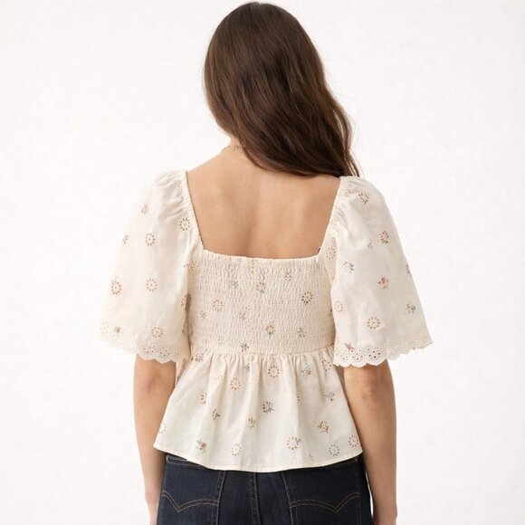 Cottagecore Eyelet Babydoll Top Floral Peasant Blouse American Eagle S - Picture 4 of 16